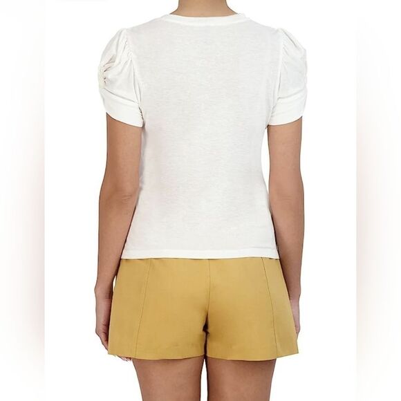 BCBGMAXAZRIA Linen-Blend Twisted Puff Sleeve White Tee - Picture 2 of 10